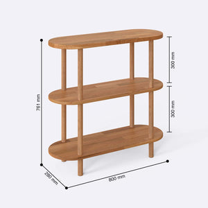 Kaer 3 Raflı Kitaplık 80 x 28 cm ölçülendirilmiş teknik görünümü, milimetre cinsinden genişlik, derinlik ve yükseklik