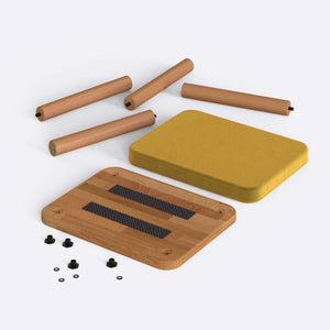 Pal Tabure, sarı kadife döşeme, masif kayın gövde, beyaz zeminde önden stüdyo çekimi
