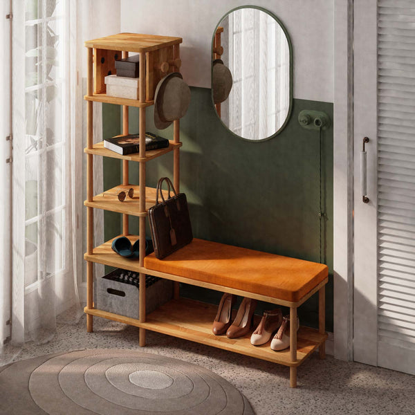 Imra Vestiyer, badem kadife döşeme, masif kayın gövde, ev ortamında kullanım görünümü