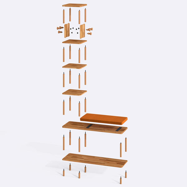 Imra Vestiyer parçalarına ayrılmış montaj görünümü, badem kadife döşeme oturum ve masif kayın ayaklar