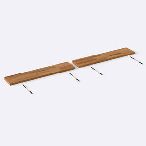 Sır Raf 200 x 22 cm parçalarına ayrılmış montaj görünümü, masif kayın raf tablası ve bağlantı vidaları