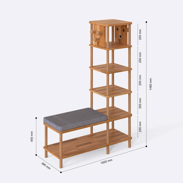 Imra Vestiyer 100 x 38 cm ölçülendirilmiş teknik görünümü, gri keten minder, milimetre cinsinden ölçüler