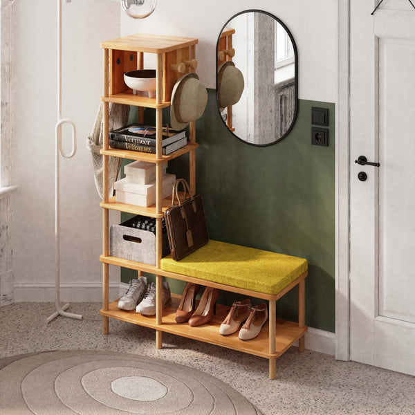 Imra Vestiyer 100 x 38 cm, masif kayın gövde, sarı keten minder, döşenmiş ev ortamında kullanım görünümü