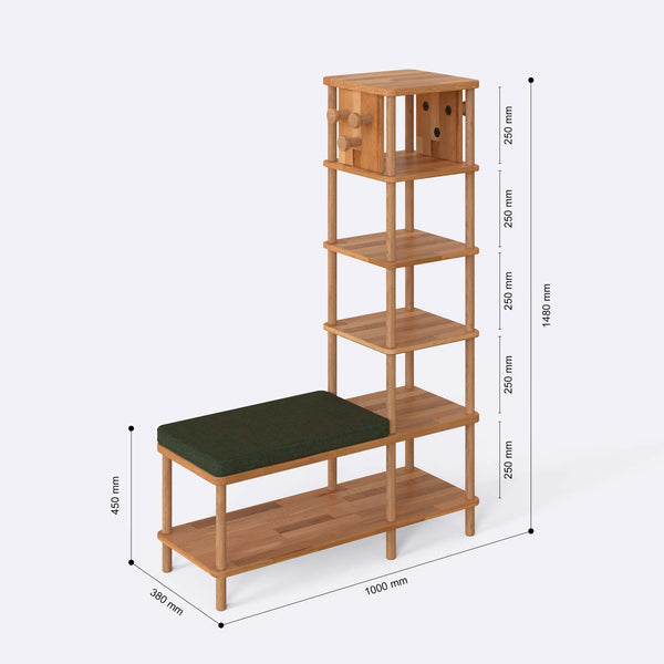 Imra Vestiyer 100 x 38 cm ölçülendirilmiş teknik görünümü, yeşil keten minder, milimetre cinsinden ölçüler