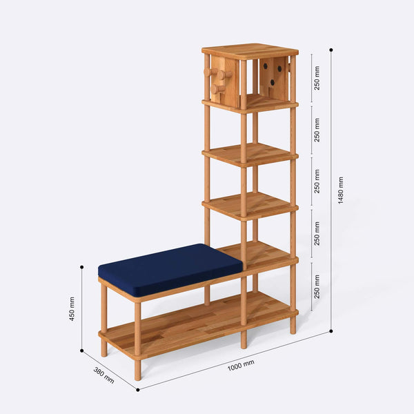 Imra Vestiyer 100 x 38 cm ölçülendirilmiş teknik görünümü, lacivert kadife minder, milimetre cinsinden ölçüler