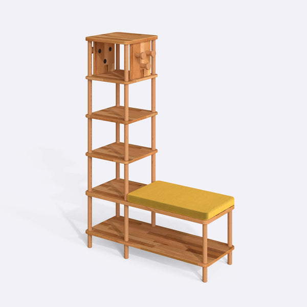 Imra Vestiyer 100 x 38 cm, masif kayın gövde, sarı kadife oturum minderi, beyaz zeminde üç çeyrek açıdan çekim