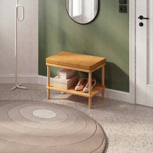 Waljan Bench 60 x 38 cm, badem keten döşeme, masif kayın gövde, ev ortamında kullanım görünümü