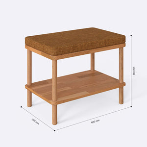 Waljan Bench 60 x 38 cm ölçülendirilmiş teknik görünümü, badem keten döşeme, milimetre cinsinden ölçüler