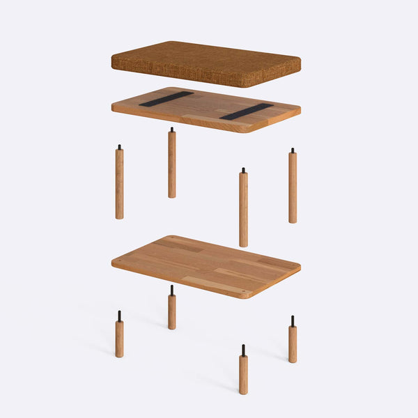 Waljan Bench 60 x 38 cm parçalarına ayrılmış montaj görünümü, badem keten oturum ve masif kayın ayaklar