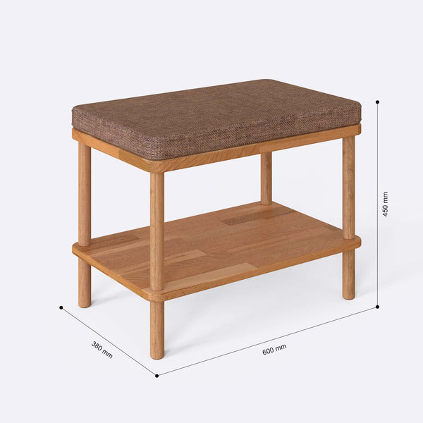 Waljan Bench 60 x 38 cm ölçülendirilmiş teknik görünümü, kahve keten döşeme, milimetre cinsinden ölçüler