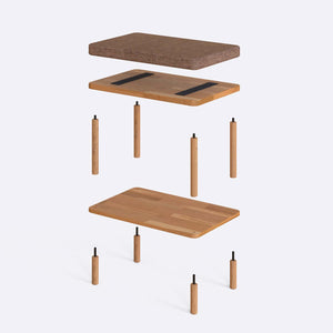 Waljan Bench 60 x 38 cm parçalarına ayrılmış montaj görünümü, kahve keten oturum ve masif kayın ayaklar