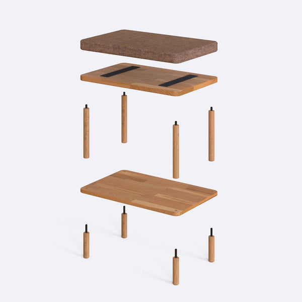 Waljan Bench 60 x 38 cm parçalarına ayrılmış montaj görünümü, kahve keten oturum ve masif kayın ayaklar