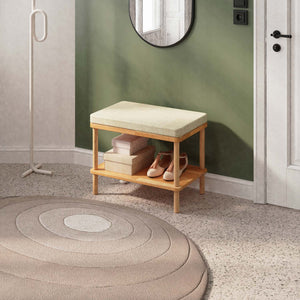Waljan Bench 60 x 38 cm, kum keten döşeme, masif kayın gövde, ev ortamında kullanım görünümü