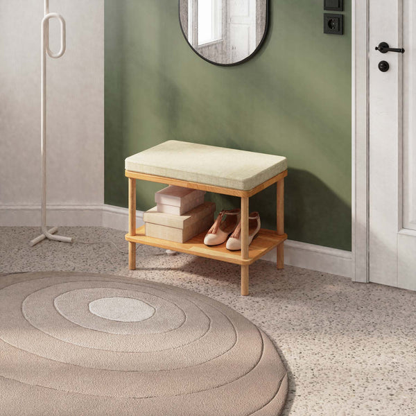 Waljan Bench 60 x 38 cm, kum keten döşeme, masif kayın gövde, ev ortamında kullanım görünümü