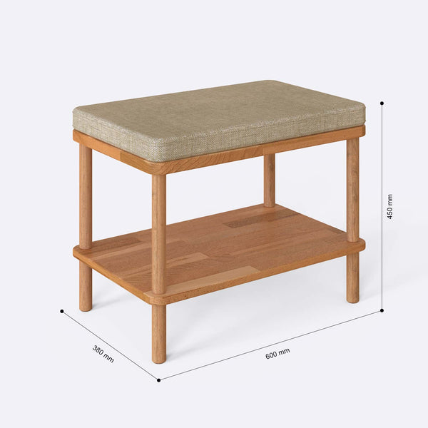 Waljan Bench 60 x 38 cm ölçülendirilmiş teknik görünümü, kum keten döşeme, milimetre cinsinden ölçüler