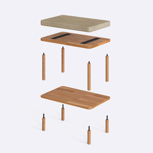Waljan Bench 60 x 38 cm parçalarına ayrılmış montaj görünümü, kum keten oturum ve masif kayın ayaklar