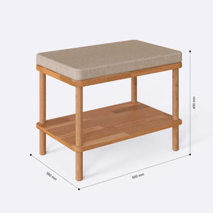 Waljan Bench 60 x 38 cm ölçülendirilmiş teknik görünümü, ekru keten döşeme, milimetre cinsinden ölçüler