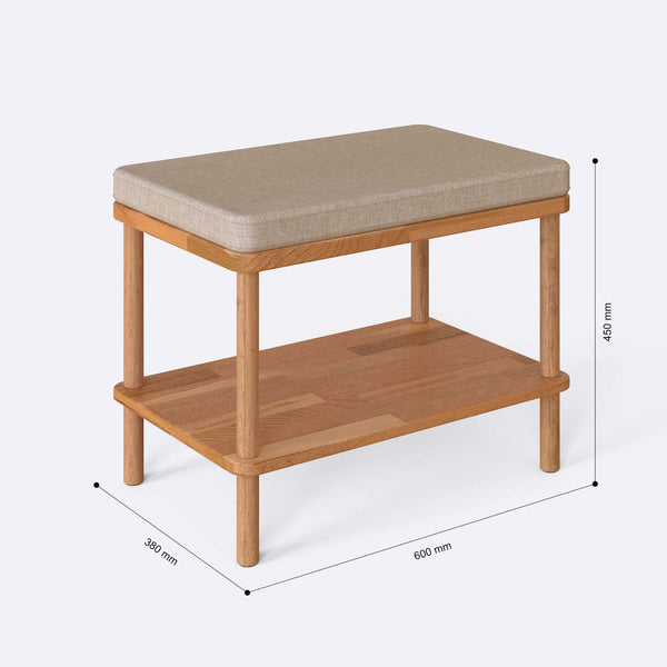 Waljan Bench 60 x 38 cm ölçülendirilmiş teknik görünümü, ekru keten döşeme, milimetre cinsinden ölçüler