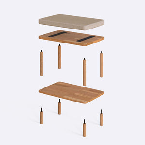 Waljan Bench 60 x 38 cm parçalarına ayrılmış montaj görünümü, ekru keten oturum ve masif kayın ayaklar