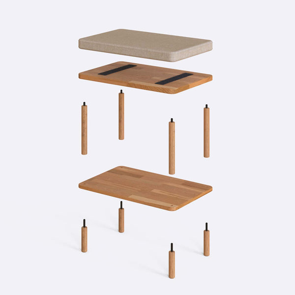 Waljan Bench 60 x 38 cm parçalarına ayrılmış montaj görünümü, ekru keten oturum ve masif kayın ayaklar