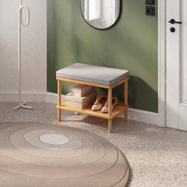 Waljan Bench 60 x 38 cm, gri keten döşeme, masif kayın gövde, ev ortamında kullanım görünümü