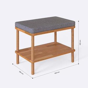 Waljan Bench 60 x 38 cm ölçülendirilmiş teknik görünümü, gri keten döşeme, milimetre cinsinden ölçüler