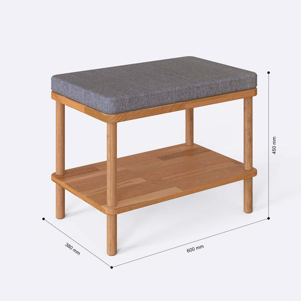 Waljan Bench 60 x 38 cm ölçülendirilmiş teknik görünümü, gri keten döşeme, milimetre cinsinden ölçüler