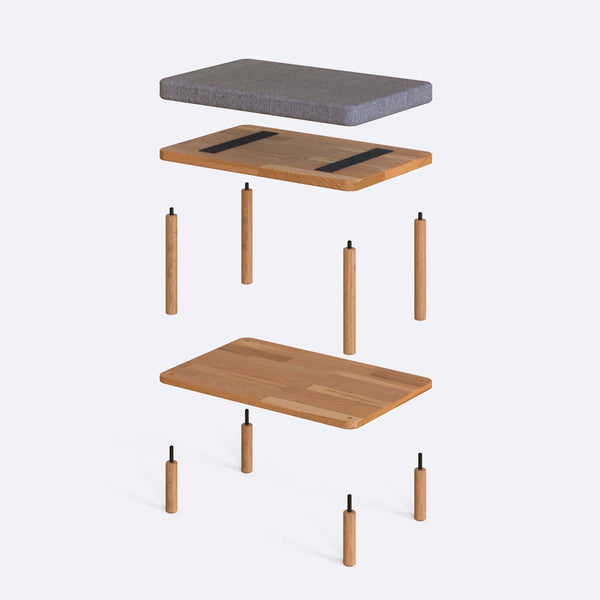 Waljan Bench 60 x 38 cm parçalarına ayrılmış montaj görünümü, gri keten oturum ve masif kayın ayaklar