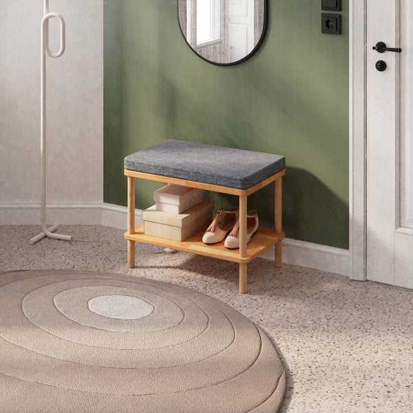 Waljan Bench 60 x 38 cm, kül keten döşeme, masif kayın gövde, ev ortamında kullanım görünümü