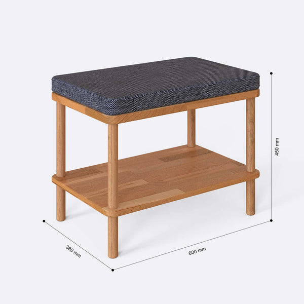 Waljan Bench 60 x 38 cm ölçülendirilmiş teknik görünümü, kül keten döşeme, milimetre cinsinden ölçüler