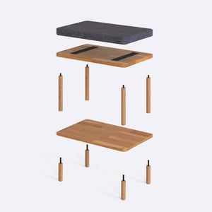 Waljan Bench 60 x 38 cm parçalarına ayrılmış montaj görünümü, kül keten oturum ve masif kayın ayaklar