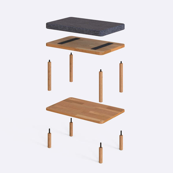 Waljan Bench 60 x 38 cm parçalarına ayrılmış montaj görünümü, kül keten oturum ve masif kayın ayaklar