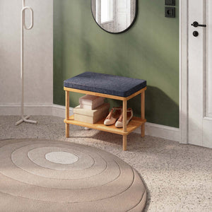 Waljan Bench 60 x 38 cm, lacivert keten döşeme, masif kayın gövde, ev ortamında kullanım görünümü