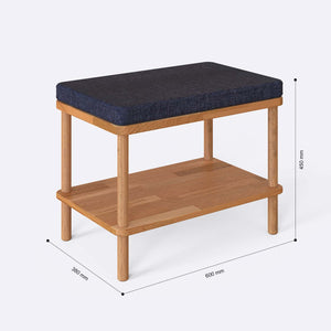 Waljan Bench 60 x 38 cm ölçülendirilmiş teknik görünümü, lacivert keten döşeme, milimetre cinsinden ölçüler