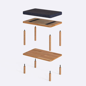 Waljan Bench 60 x 38 cm parçalarına ayrılmış montaj görünümü, lacivert keten oturum ve masif kayın ayaklar