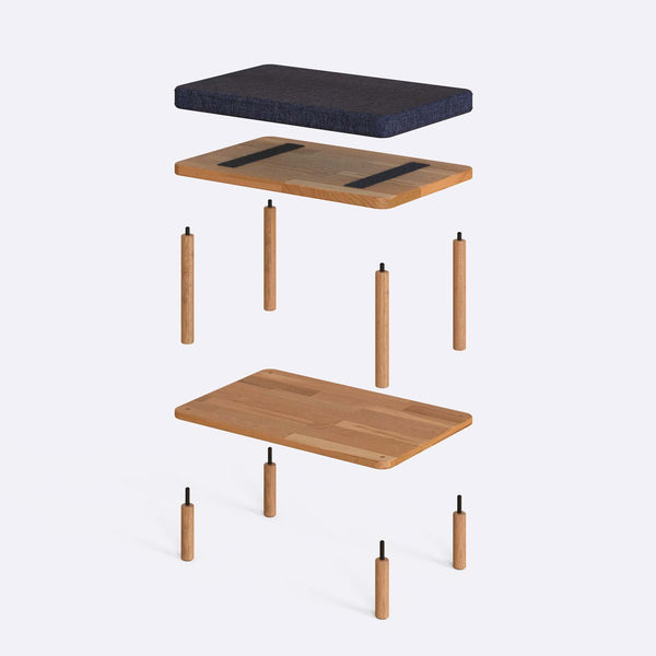 Waljan Bench 60 x 38 cm parçalarına ayrılmış montaj görünümü, lacivert keten oturum ve masif kayın ayaklar
