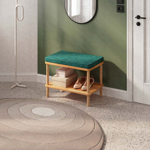 Waljan Bench 60 x 38 cm, petrol keten döşeme, masif kayın gövde, ev ortamında kullanım görünümü