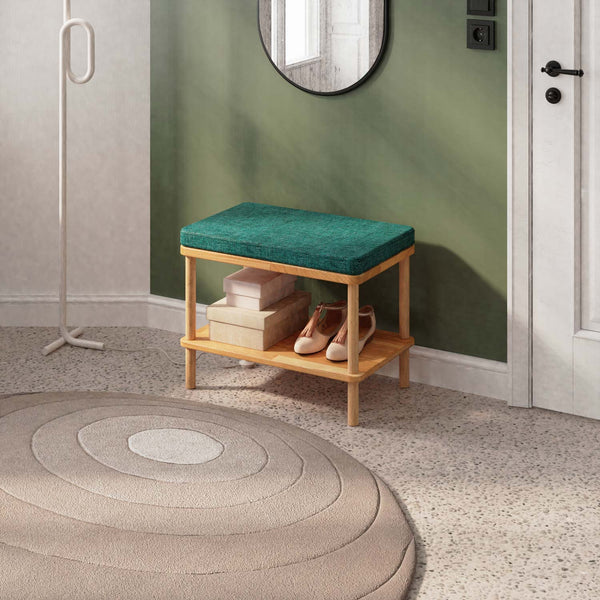 Waljan Bench 60 x 38 cm, petrol keten döşeme, masif kayın gövde, ev ortamında kullanım görünümü