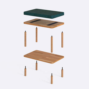 Waljan Bench 60 x 38 cm parçalarına ayrılmış montaj görünümü, petrol keten oturum ve masif kayın ayaklar