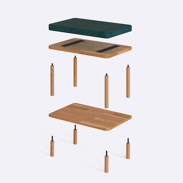 Waljan Bench 60 x 38 cm parçalarına ayrılmış montaj görünümü, petrol keten oturum ve masif kayın ayaklar