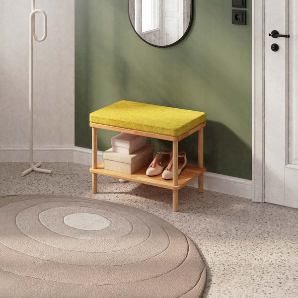 Waljan Bench 60 x 38 cm, sarı keten döşeme, masif kayın gövde, ev ortamında kullanım görünümü