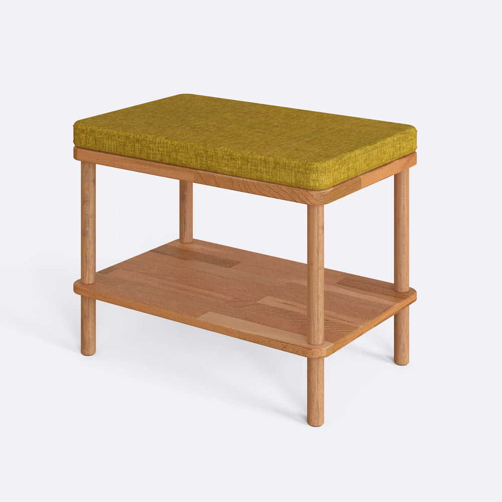 Waljan Bench 60 x 38 cm, sarı keten döşeme, masif kayın gövde, ev ortamında kullanım görünümü