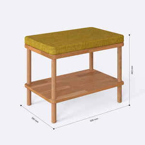 Waljan Bench 60 x 38 cm ölçülendirilmiş teknik görünümü, sarı keten döşeme, milimetre cinsinden ölçüler