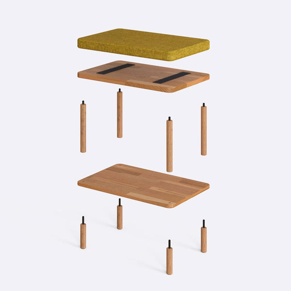 Waljan Bench 60 x 38 cm parçalarına ayrılmış montaj görünümü, sarı keten oturum ve masif kayın ayaklar