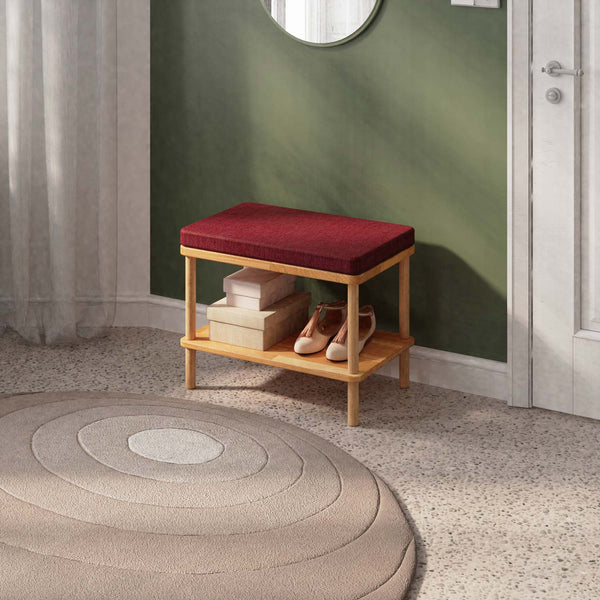 Waljan Bench 60 x 38 cm, bordo keten döşeme, masif kayın gövde, ev ortamında kullanım görünümü