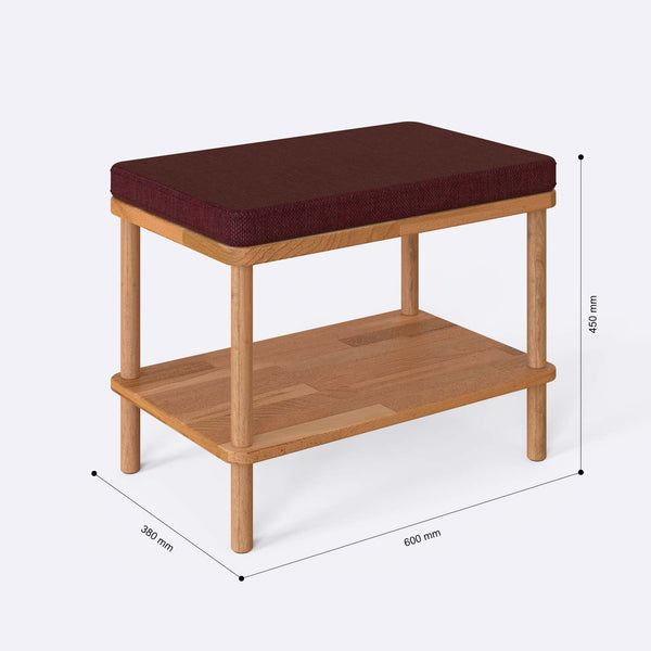 Waljan Bench 60 x 38 cm ölçülendirilmiş teknik görünümü, bordo keten döşeme, milimetre cinsinden ölçüler