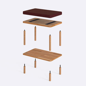 Waljan Bench 60 x 38 cm parçalarına ayrılmış montaj görünümü, bordo keten oturum ve masif kayın ayaklar