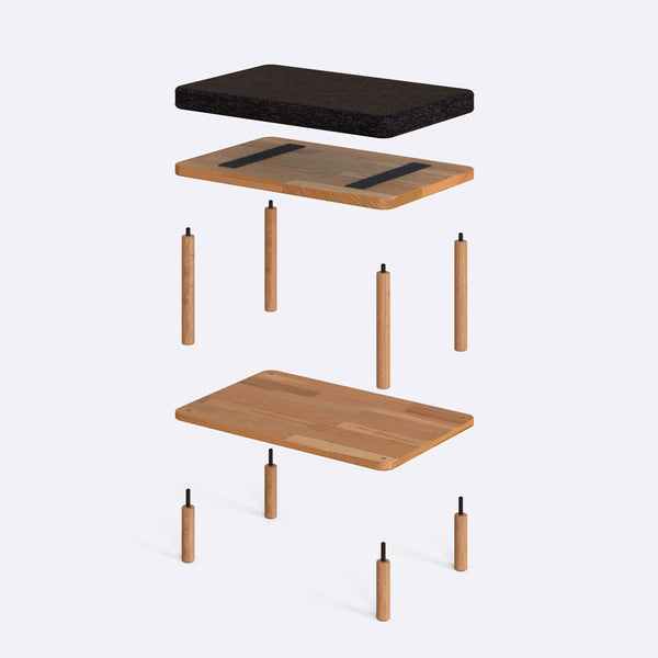 Waljan Bench 60 x 38 cm parçalarına ayrılmış montaj görünümü, siyah keten oturum ve masif kayın ayaklar