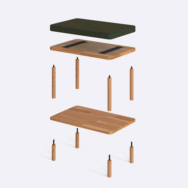 Waljan Bench 60 x 38 cm parçalarına ayrılmış montaj görünümü, yeşil keten oturum ve masif kayın ayaklar