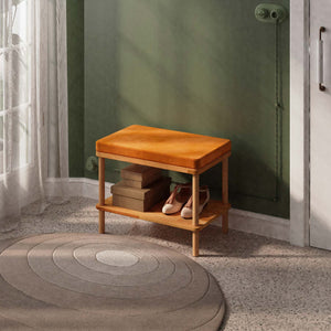 Waljan Bench 60 x 38 cm, badem kadife döşeme, masif kayın gövde, ev ortamında kullanım görünümü